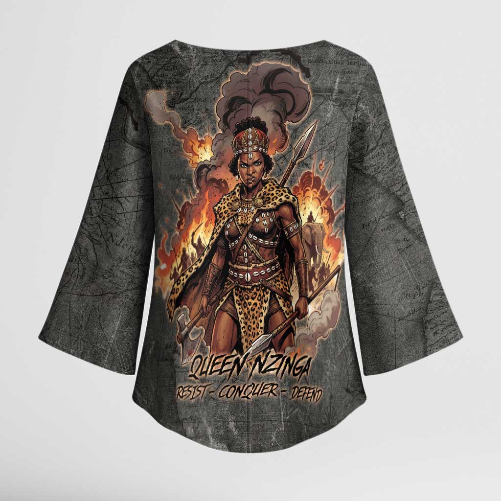 Queen Nzinga Kimono Sleeve Blouse Fierce African Warrior Queen - Dark Tribal Fire Art - Wonder Print Shop