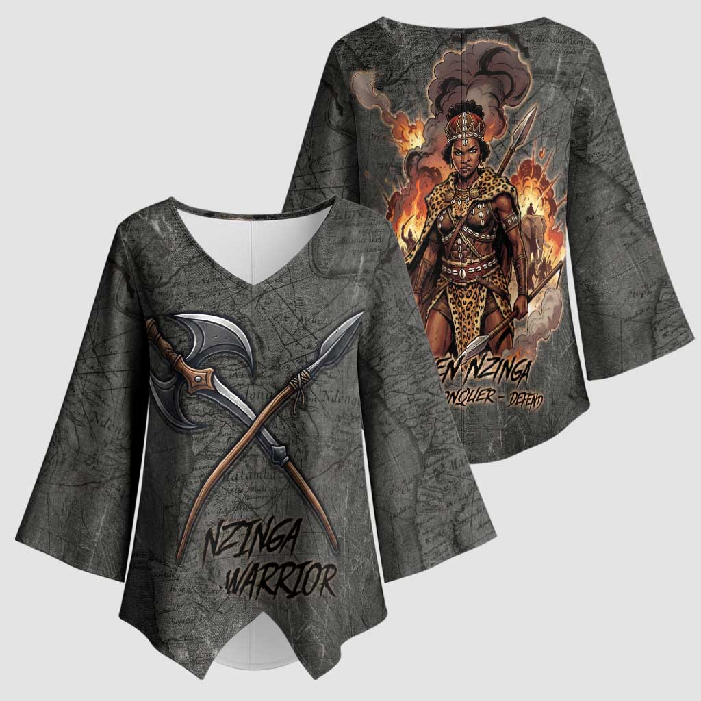 Queen Nzinga Kimono Sleeve Blouse Fierce African Warrior Queen - Dark Tribal Fire Art - Wonder Print Shop