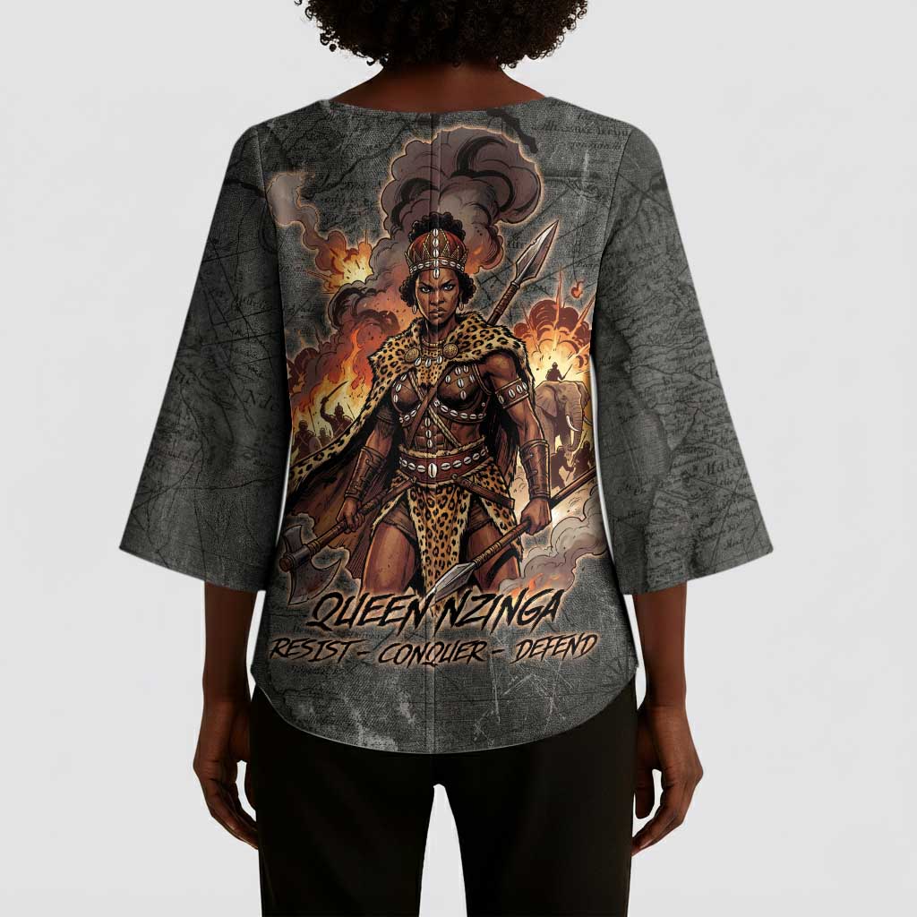 Queen Nzinga Kimono Sleeve Blouse Fierce African Warrior Queen - Dark Tribal Fire Art - Wonder Print Shop