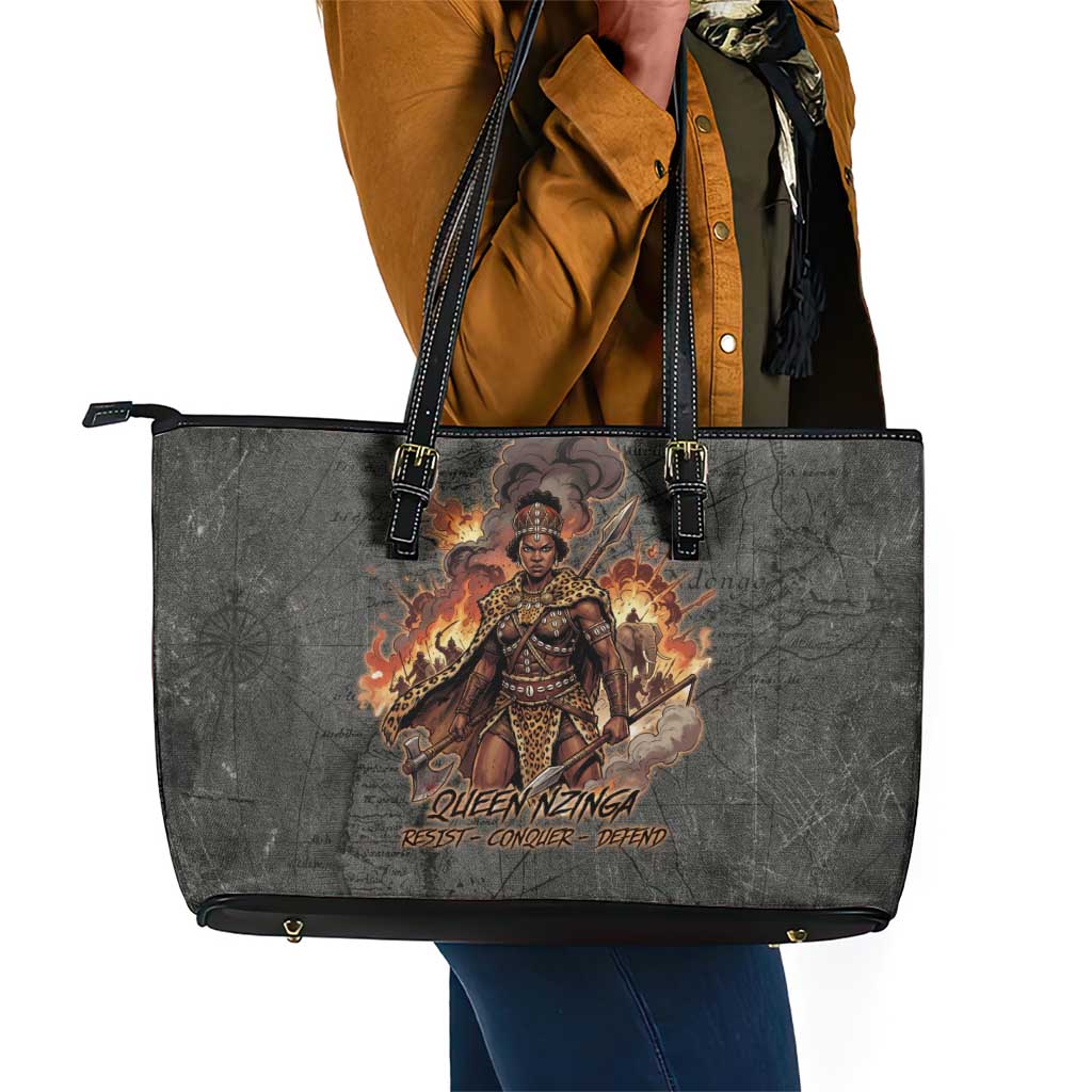 Queen Nzinga Leather Tote Bag Fierce African Warrior Queen - Dark Tribal Fire Art - Wonder Print Shop