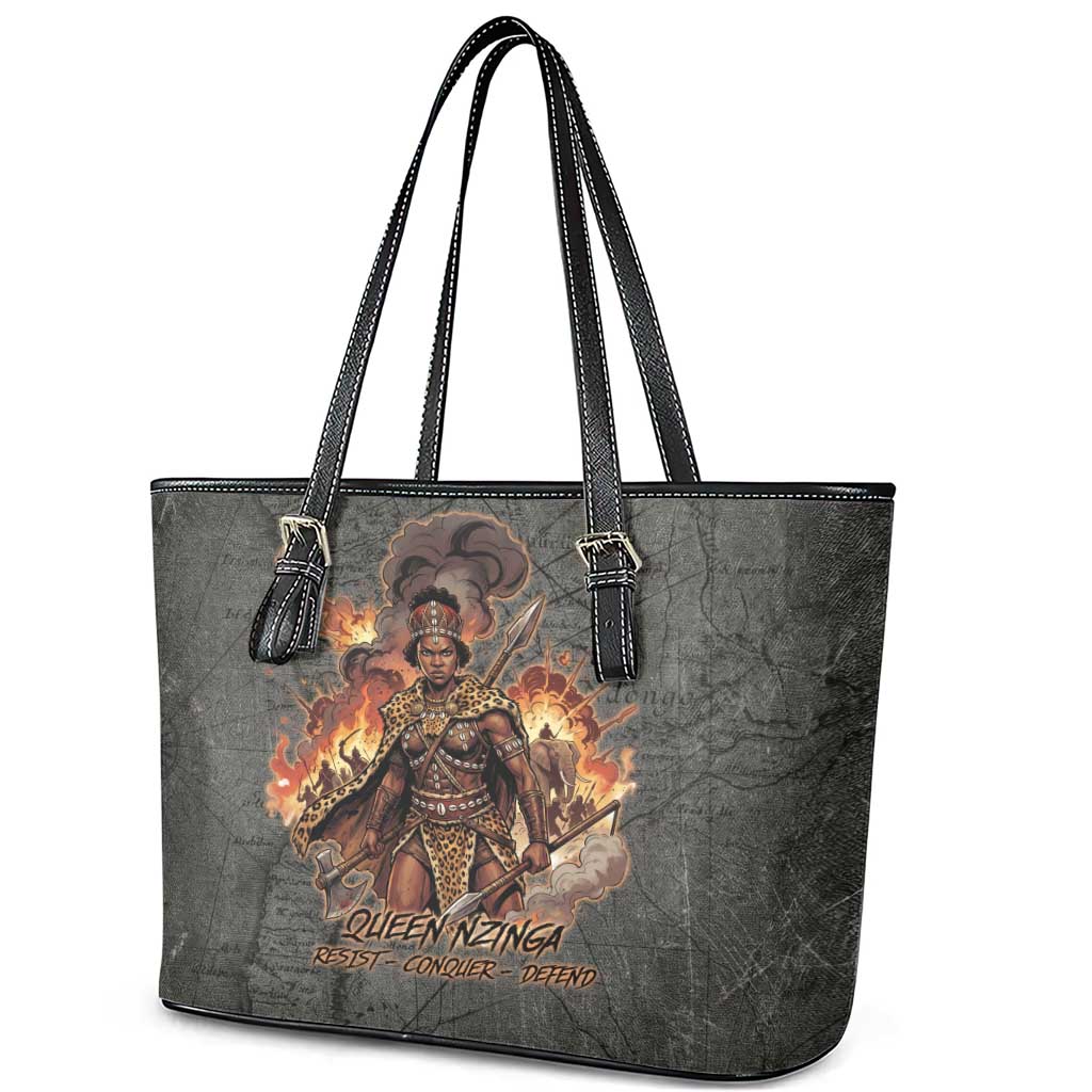 Queen Nzinga Leather Tote Bag Fierce African Warrior Queen - Dark Tribal Fire Art - Wonder Print Shop