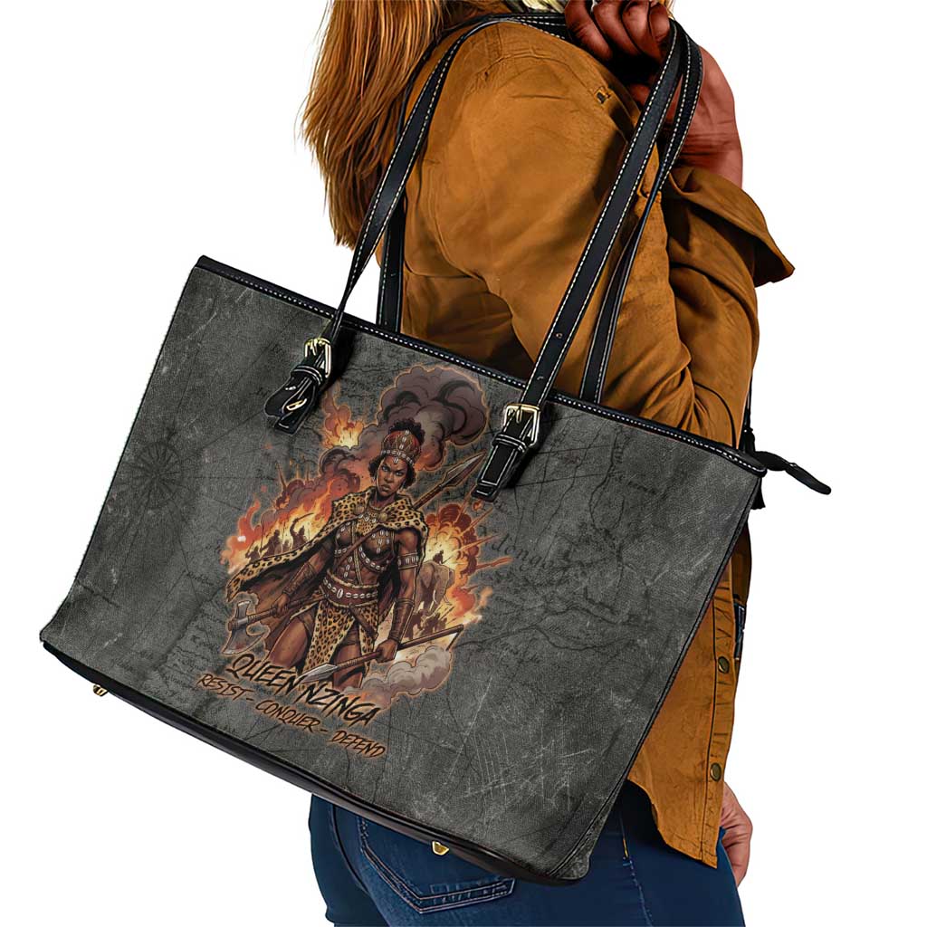 Queen Nzinga Leather Tote Bag Fierce African Warrior Queen - Dark Tribal Fire Art - Wonder Print Shop