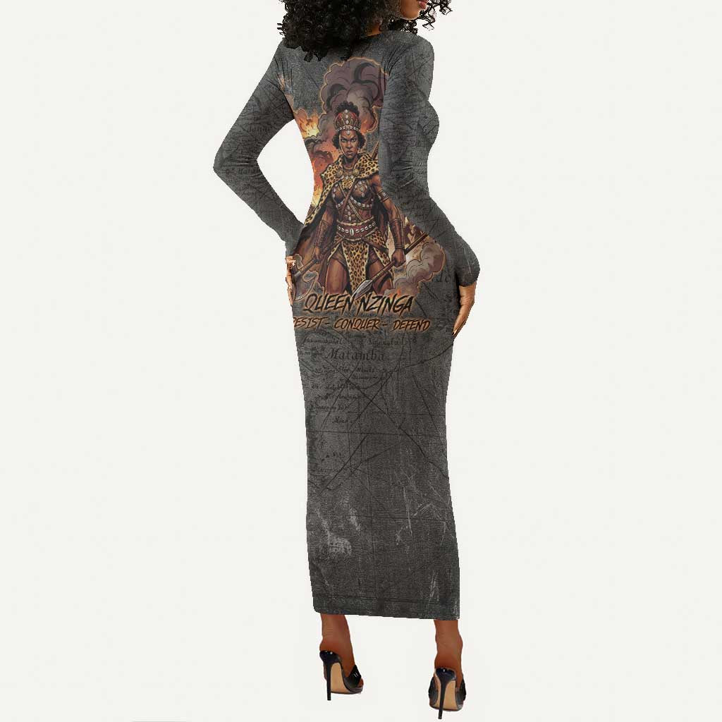 Queen Nzinga Long Sleeve Bodycon Dress Fierce African Warrior Queen - Dark Tribal Fire Art - Wonder Print Shop