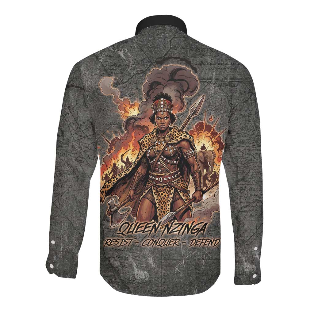 Queen Nzinga Long Sleeve Button Shirt Fierce African Warrior Queen - Dark Tribal Fire Art - Wonder Print Shop