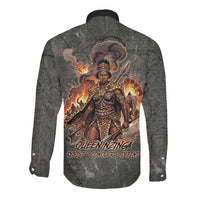 Queen Nzinga Long Sleeve Button Shirt Fierce African Warrior Queen - Dark Tribal Fire Art - Wonder Print Shop