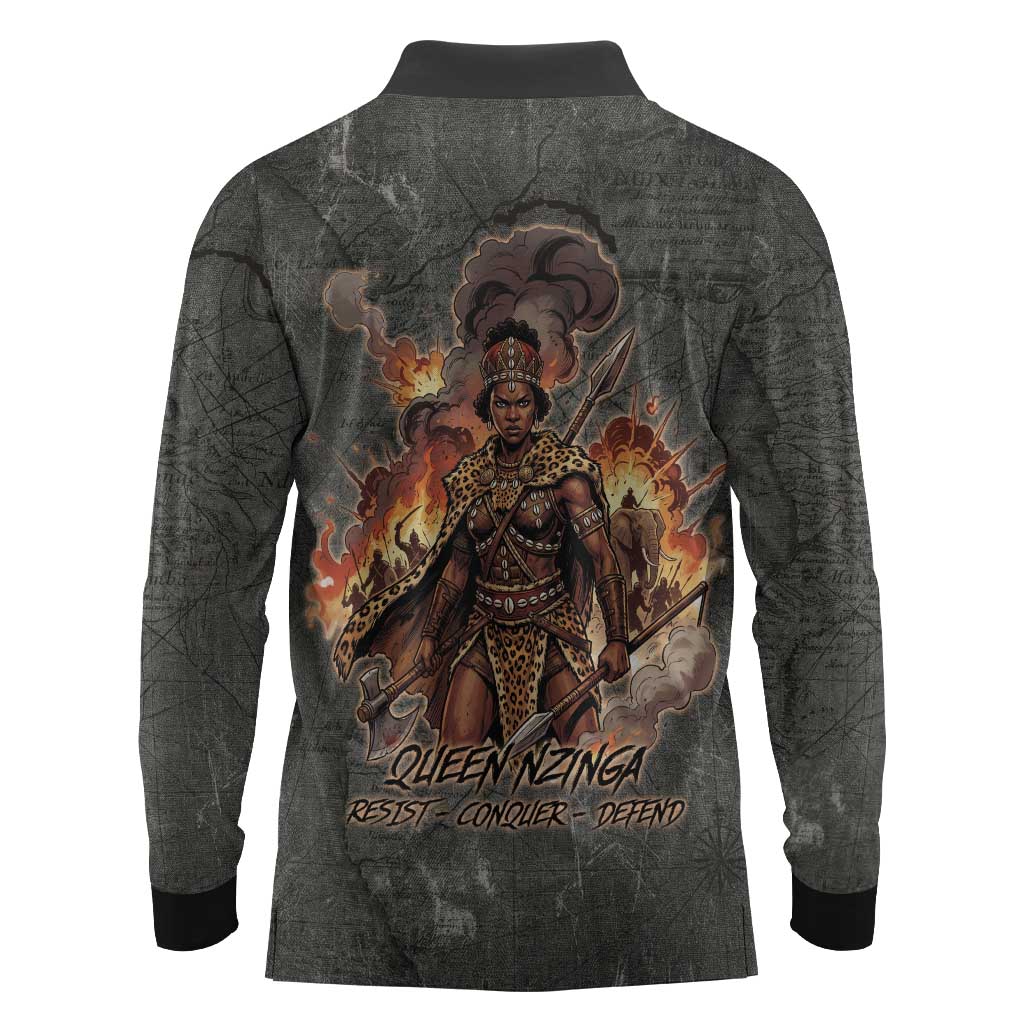 Queen Nzinga Long Sleeve Polo Shirt Fierce African Warrior Queen - Dark Tribal Fire Art - Wonder Print Shop