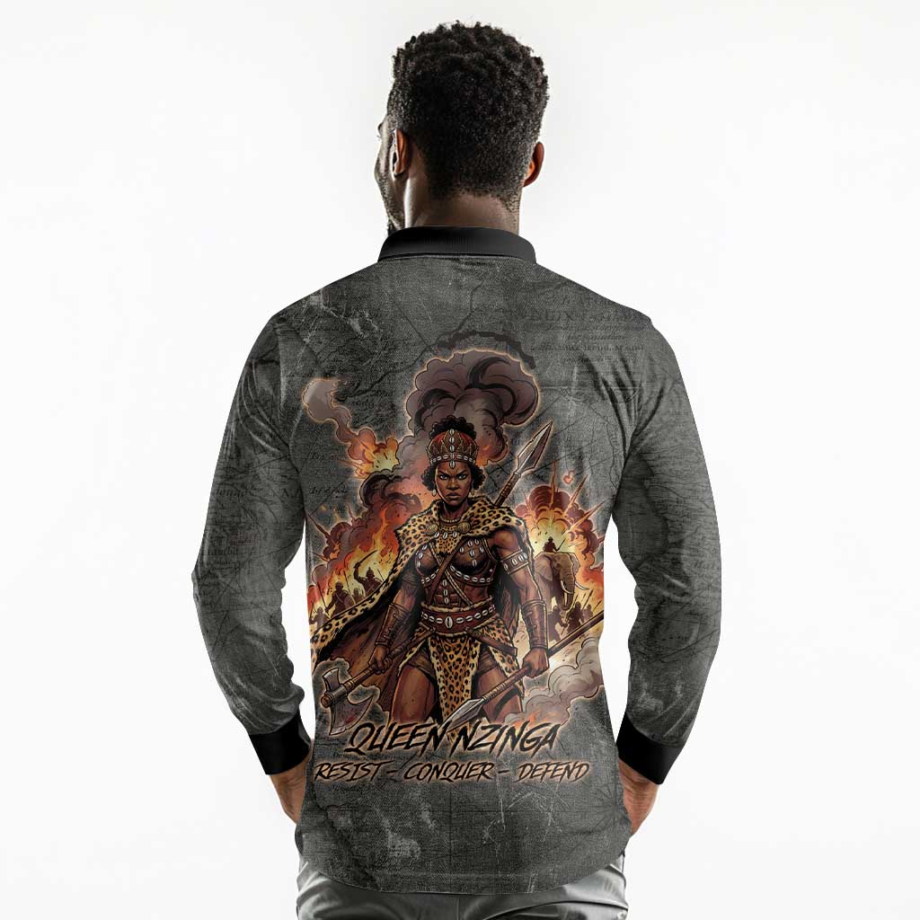 Queen Nzinga Long Sleeve Polo Shirt Fierce African Warrior Queen - Dark Tribal Fire Art - Wonder Print Shop