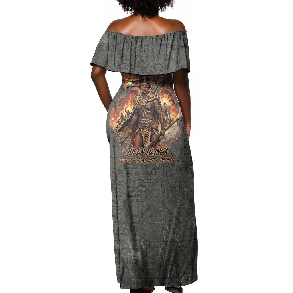 Queen Nzinga Off Shoulder Maxi Dress Fierce African Warrior Queen - Dark Tribal Fire Art - Wonder Print Shop