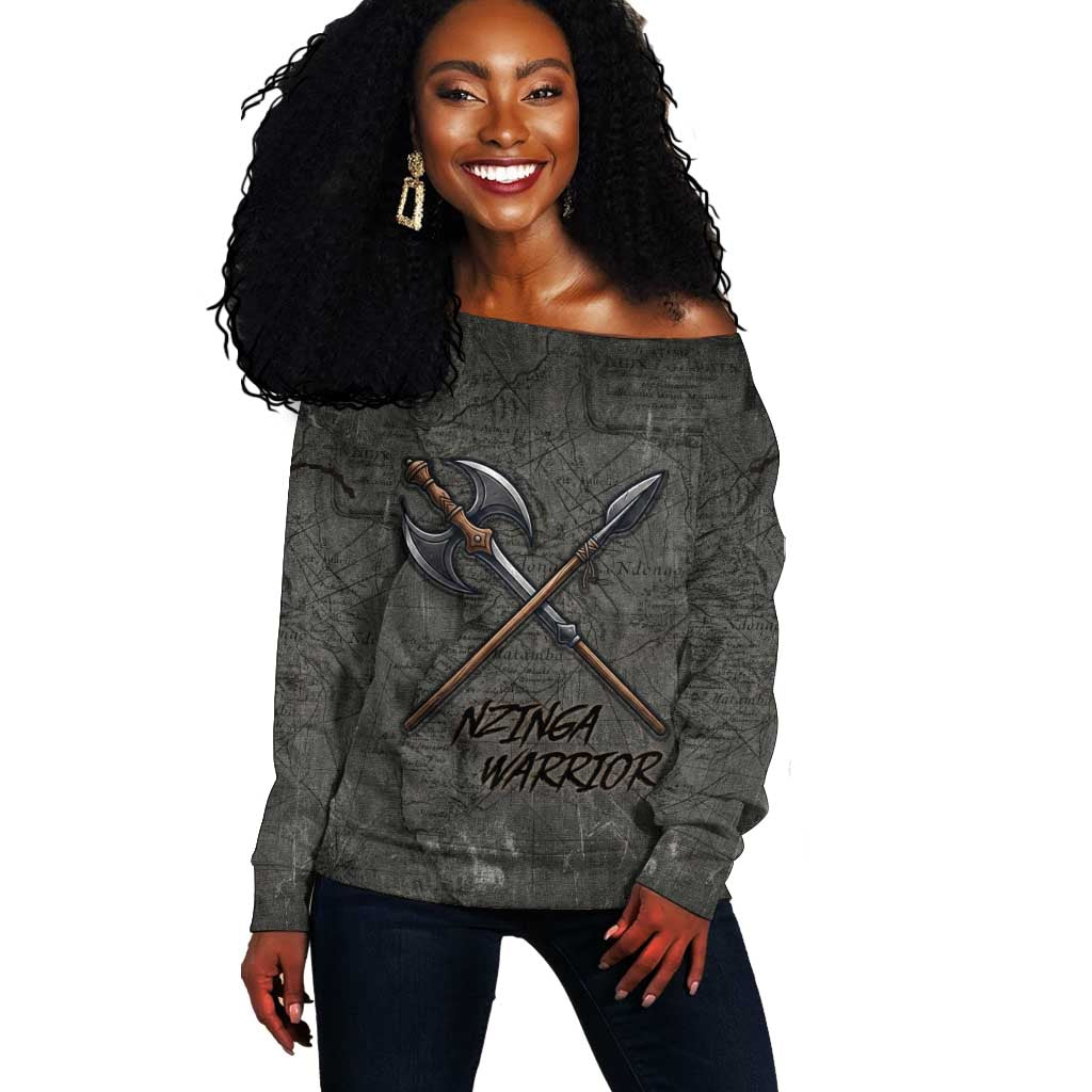 Queen Nzinga Off Shoulder Sweater Fierce African Warrior Queen - Dark Tribal Fire Art - Wonder Print Shop