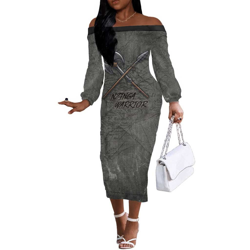 Queen Nzinga Off The Shoulder Long Sleeve Dress Fierce African Warrior Queen - Dark Tribal Fire Art - Wonder Print Shop