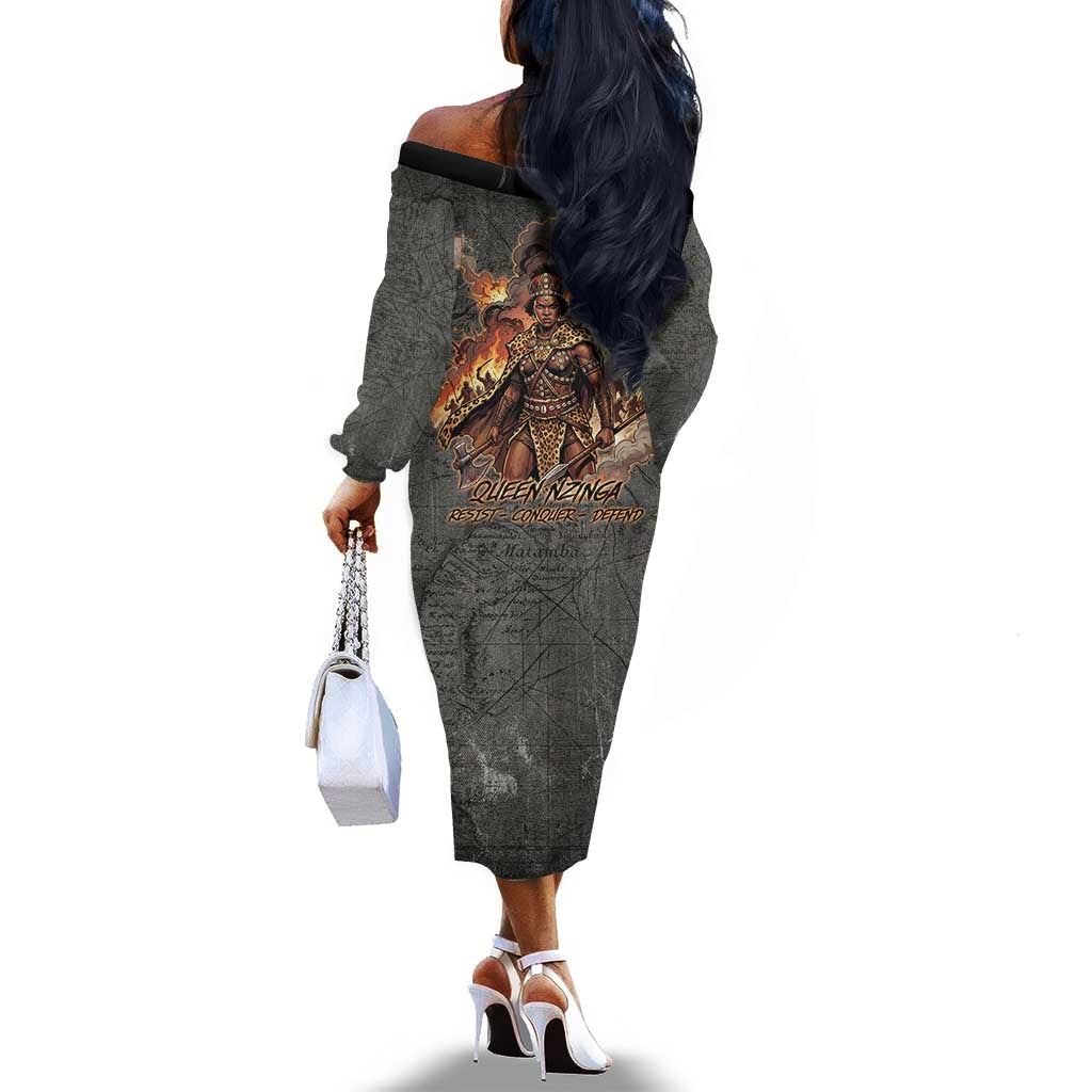 Queen Nzinga Off The Shoulder Long Sleeve Dress Fierce African Warrior Queen - Dark Tribal Fire Art - Wonder Print Shop