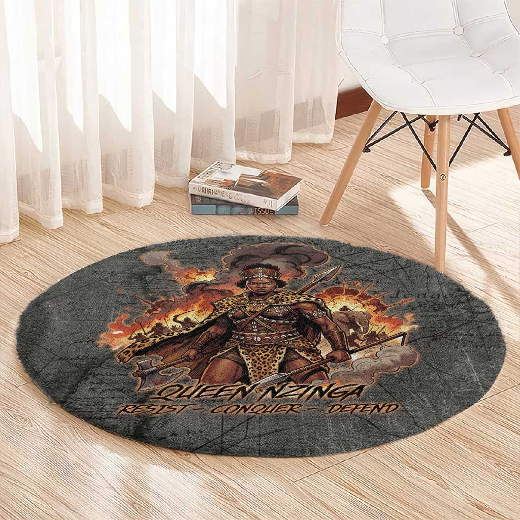 Queen Nzinga Round Carpet Fierce African Warrior Queen - Dark Tribal Fire Art - Wonder Print Shop