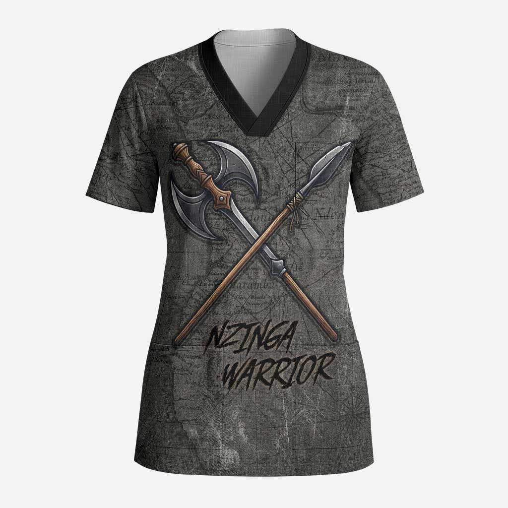 Queen Nzinga Scrub Top Fierce African Warrior Queen - Dark Tribal Fire Art - Wonder Print Shop
