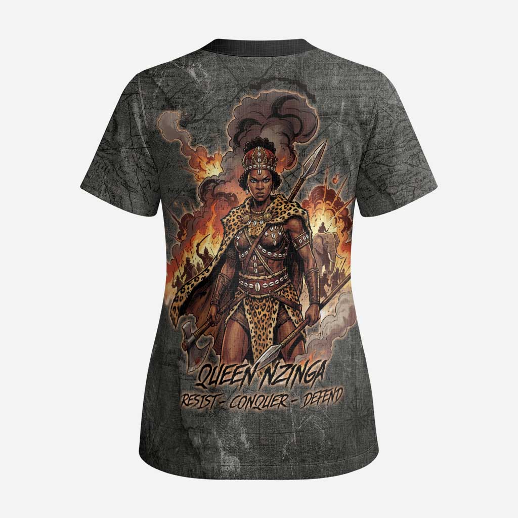 Queen Nzinga Scrub Top Fierce African Warrior Queen - Dark Tribal Fire Art - Wonder Print Shop
