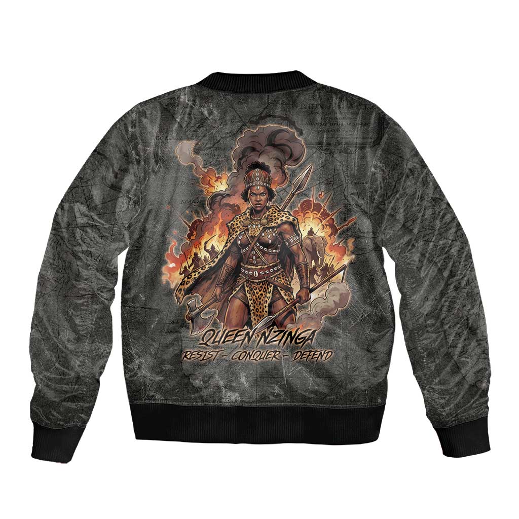 Queen Nzinga Sleeve Zip Bomber Jacket Fierce African Warrior Queen - Dark Tribal Fire Art - Wonder Print Shop