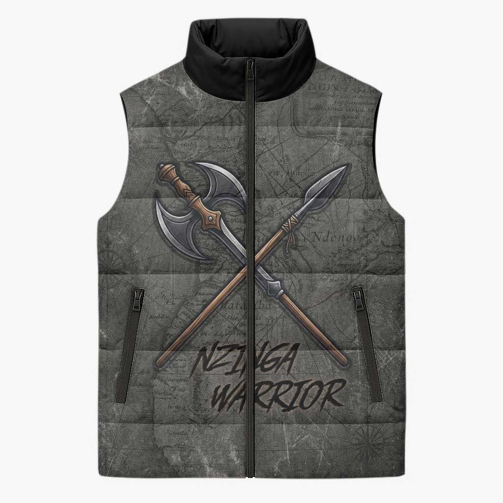 Queen Nzinga Sleeveless Puffer Jacket Fierce African Warrior Queen - Dark Tribal Fire Art - Wonder Print Shop