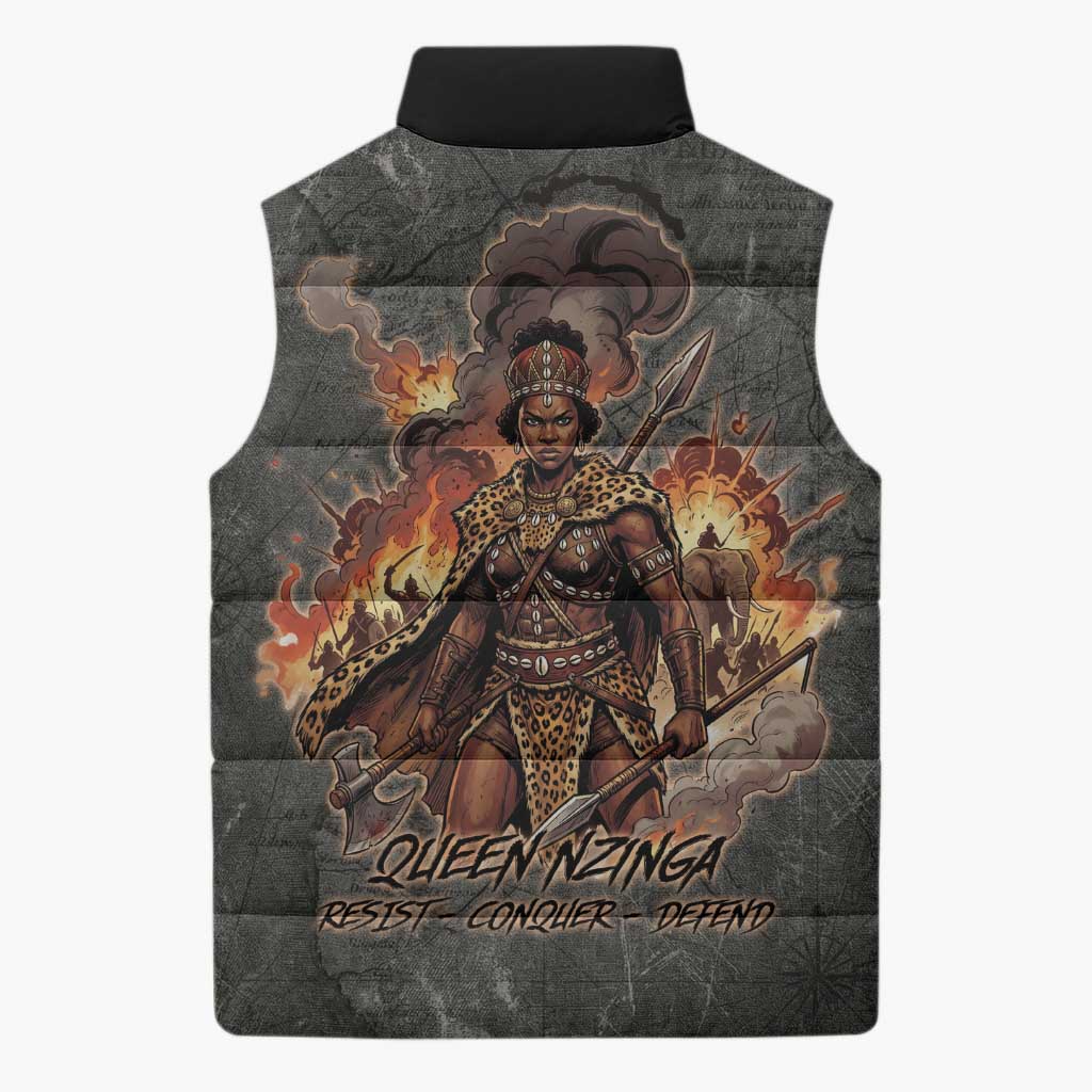 Queen Nzinga Sleeveless Puffer Jacket Fierce African Warrior Queen - Dark Tribal Fire Art - Wonder Print Shop