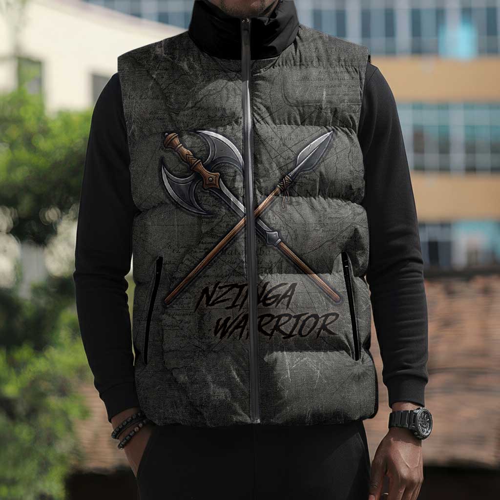 Queen Nzinga Sleeveless Puffer Jacket Fierce African Warrior Queen - Dark Tribal Fire Art - Wonder Print Shop