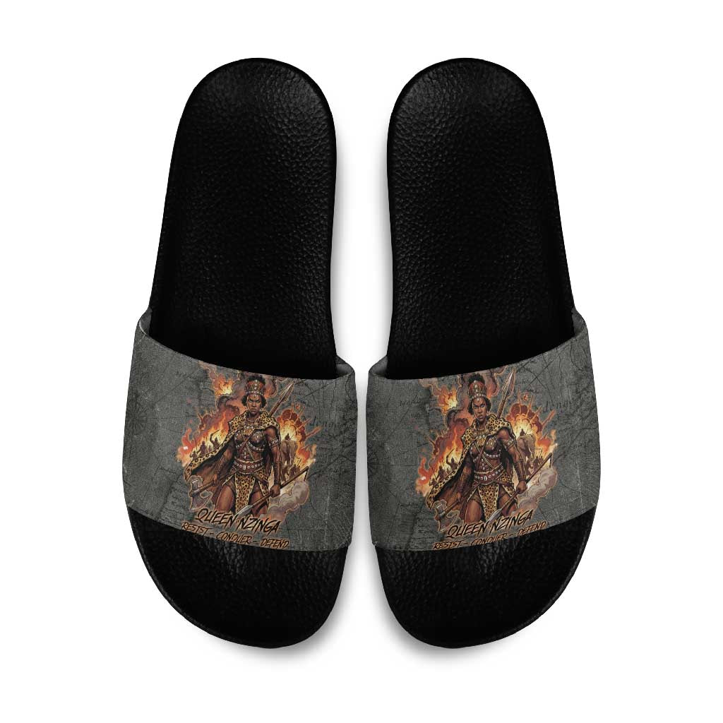 Queen Nzinga Slide Sandals Fierce African Warrior Queen - Dark Tribal Fire Art - Wonder Print Shop