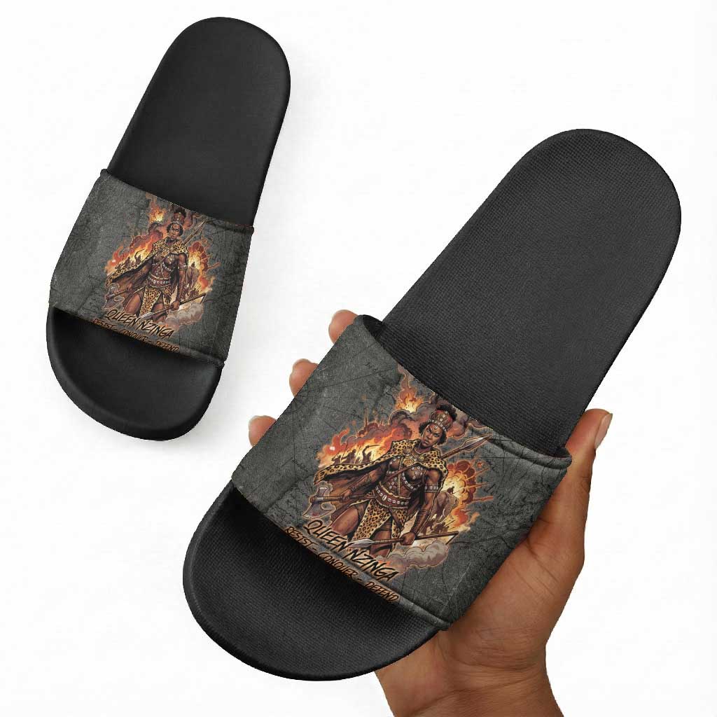 Queen Nzinga Slide Sandals Fierce African Warrior Queen - Dark Tribal Fire Art - Wonder Print Shop