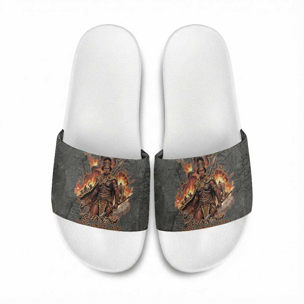 Queen Nzinga Slide Sandals Fierce African Warrior Queen - Dark Tribal Fire Art - Wonder Print Shop