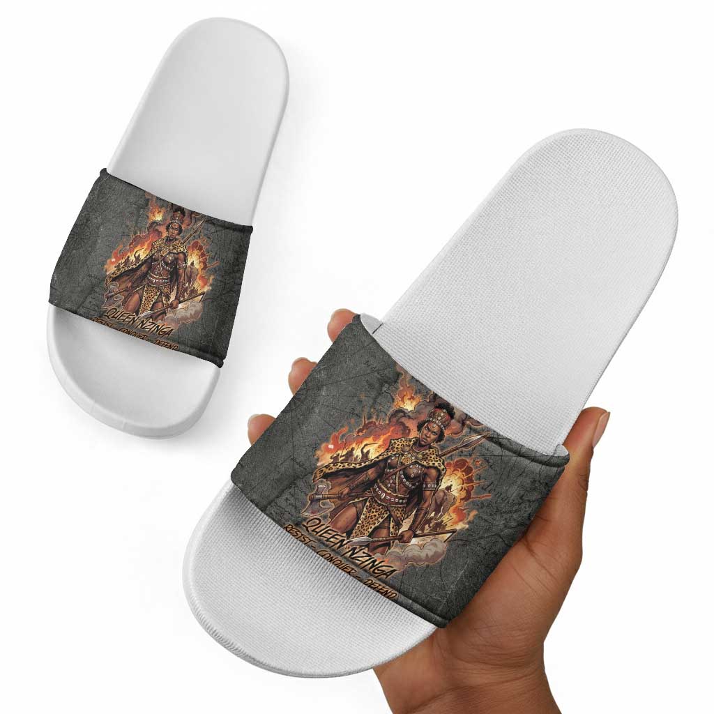Queen Nzinga Slide Sandals Fierce African Warrior Queen - Dark Tribal Fire Art - Wonder Print Shop