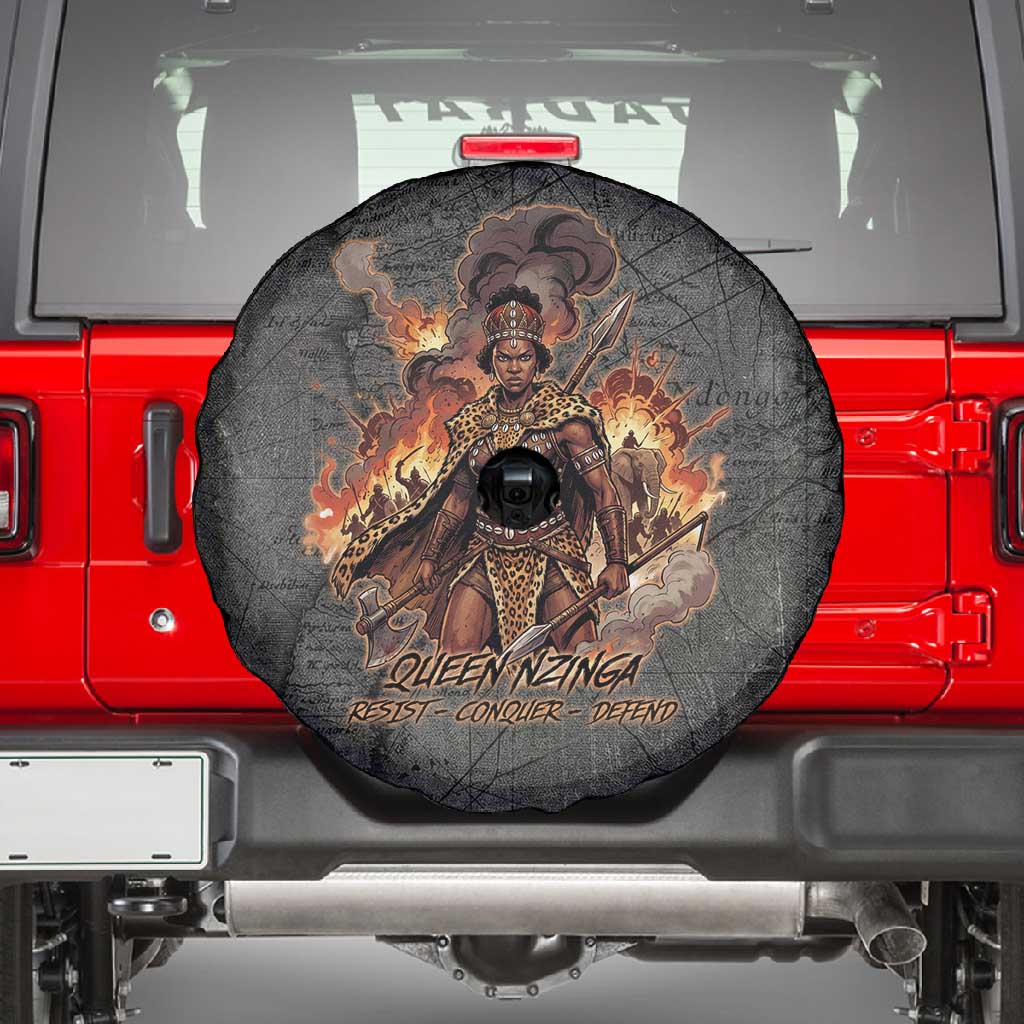 Queen Nzinga Spare Tire Cover Fierce African Warrior Queen - Dark Tribal Fire Art - Wonder Print Shop