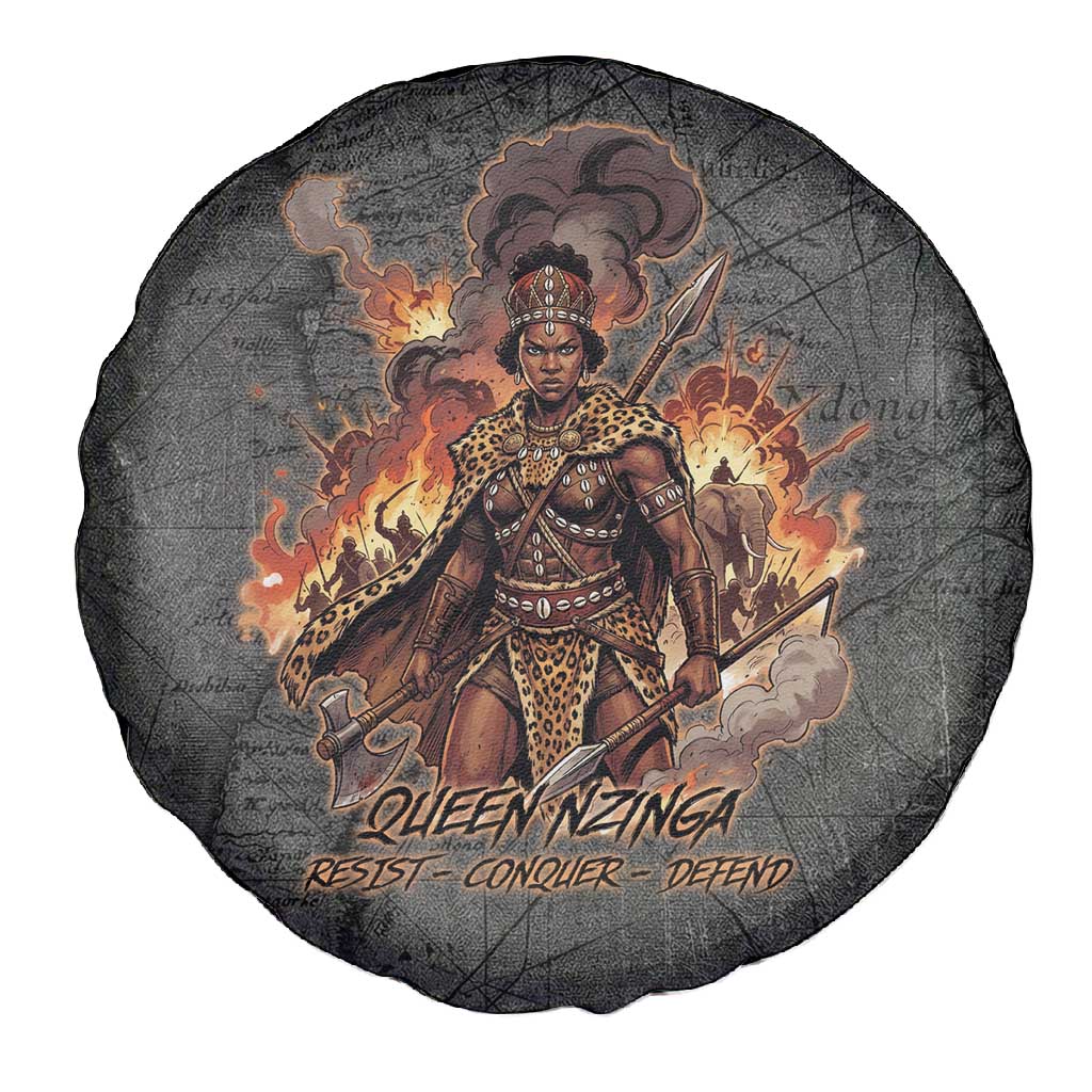 Queen Nzinga Spare Tire Cover Fierce African Warrior Queen - Dark Tribal Fire Art - Wonder Print Shop