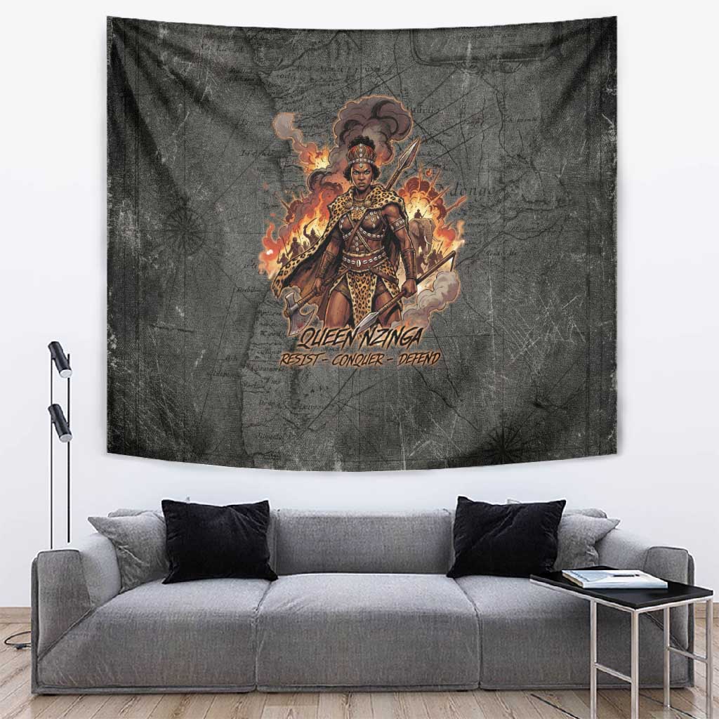 Queen Nzinga Tapestry Fierce African Warrior Queen - Dark Tribal Fire Art - Wonder Print Shop