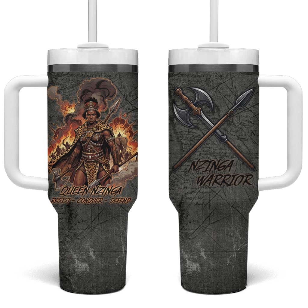 Queen Nzinga Tumbler With Handle Fierce African Warrior Queen - Dark Tribal Fire Art - Wonder Print Shop