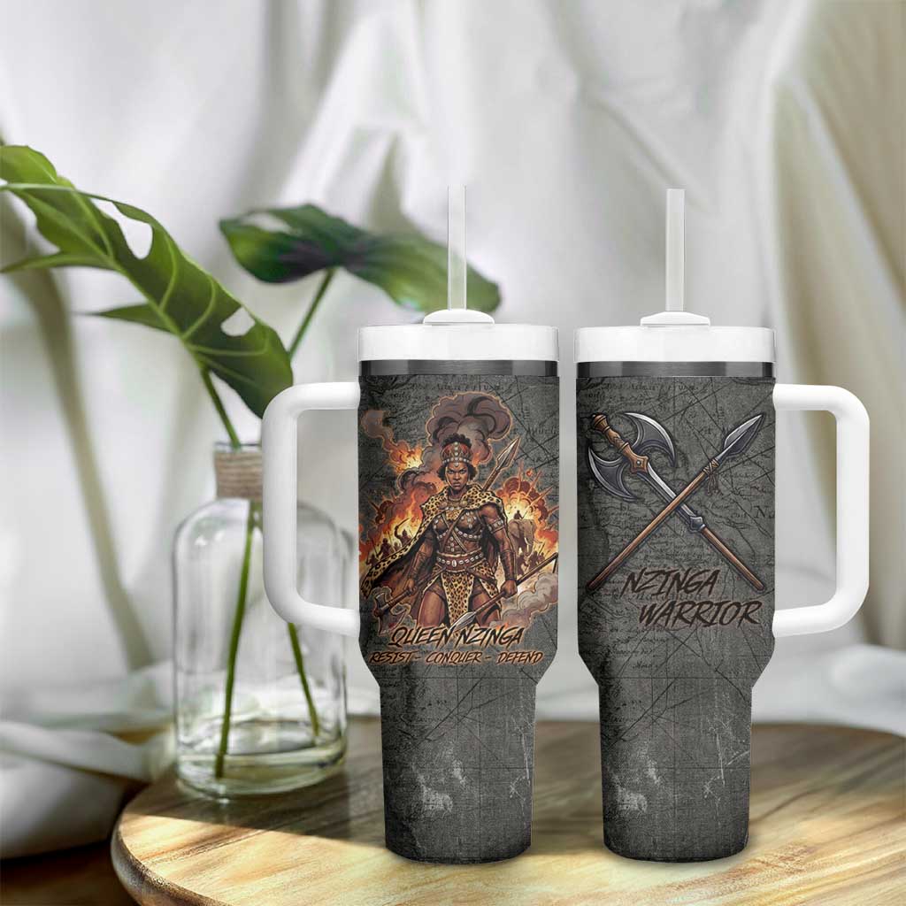 Queen Nzinga Tumbler With Handle Fierce African Warrior Queen - Dark Tribal Fire Art - Wonder Print Shop