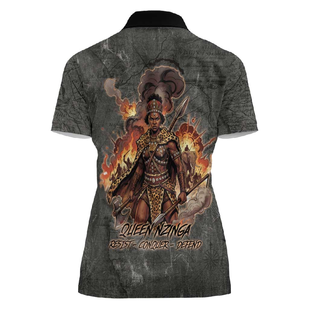 Queen Nzinga Women Polo Shirt Fierce African Warrior Queen - Dark Tribal Fire Art - Wonder Print Shop