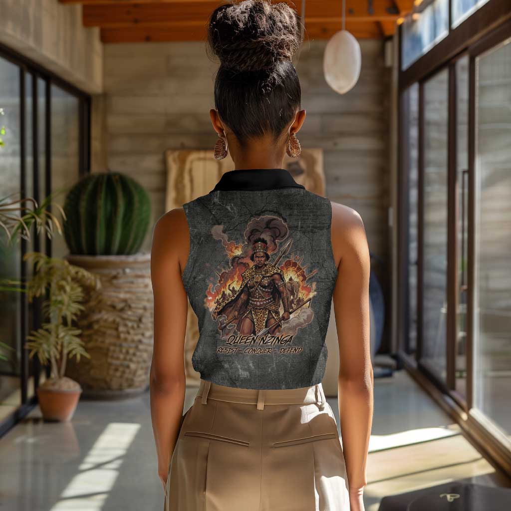 Queen Nzinga Women Sleeveless Polo Shirt Fierce African Warrior Queen - Dark Tribal Fire Art - Wonder Print Shop