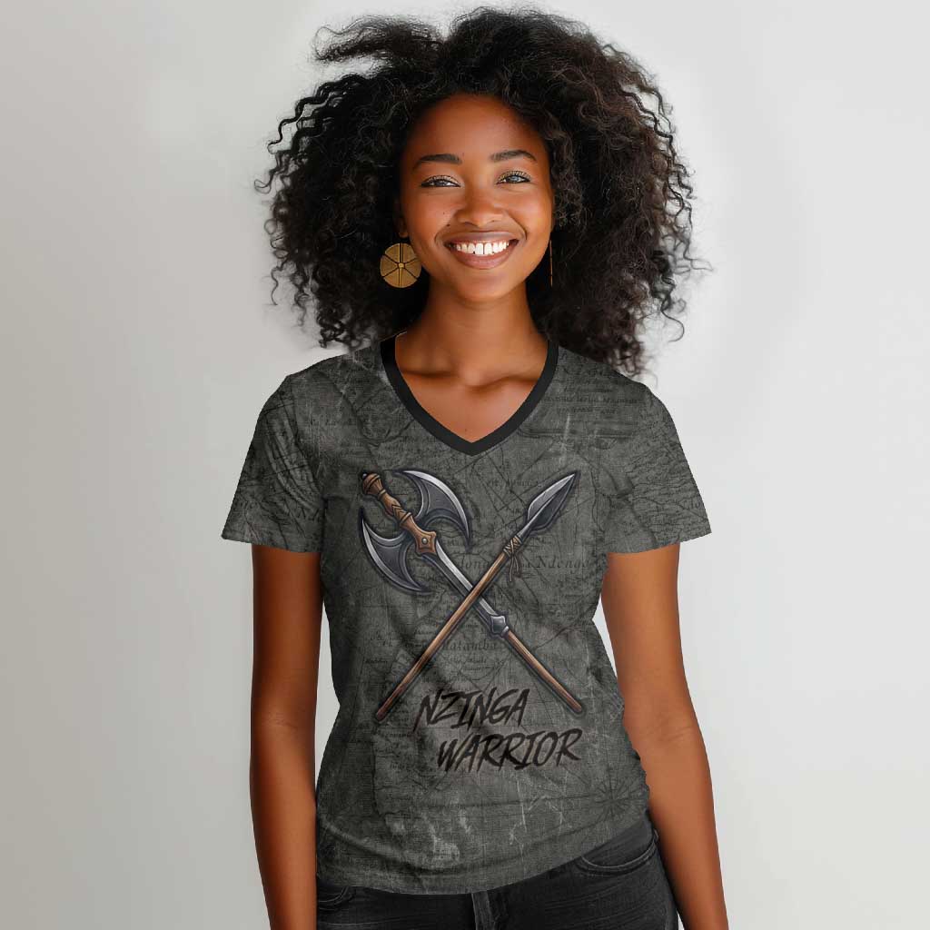 Queen Nzinga Women V-Neck T-Shirt Fierce African Warrior Queen - Dark Tribal Fire Art - Wonder Print Shop