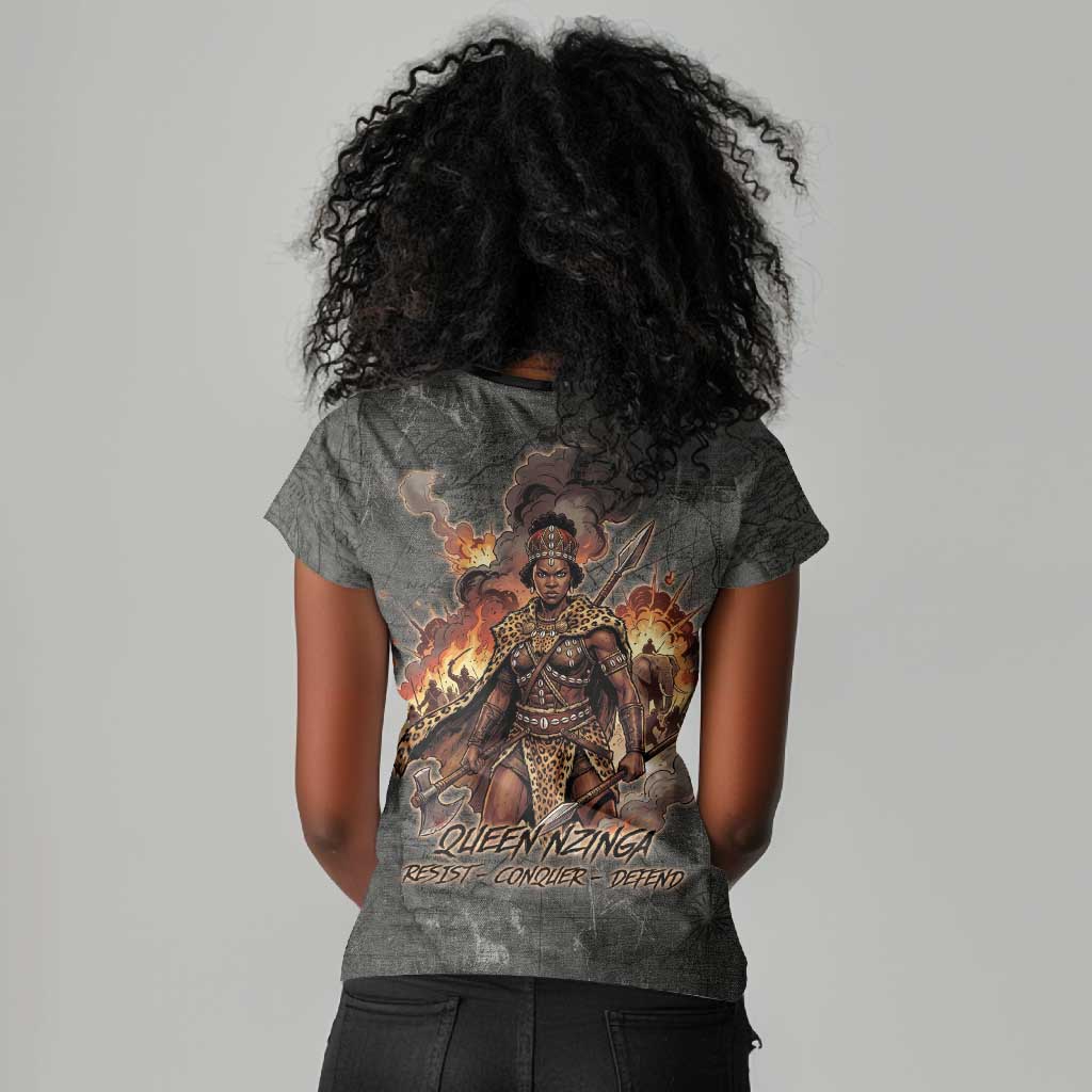 Queen Nzinga Women V-Neck T-Shirt Fierce African Warrior Queen - Dark Tribal Fire Art - Wonder Print Shop