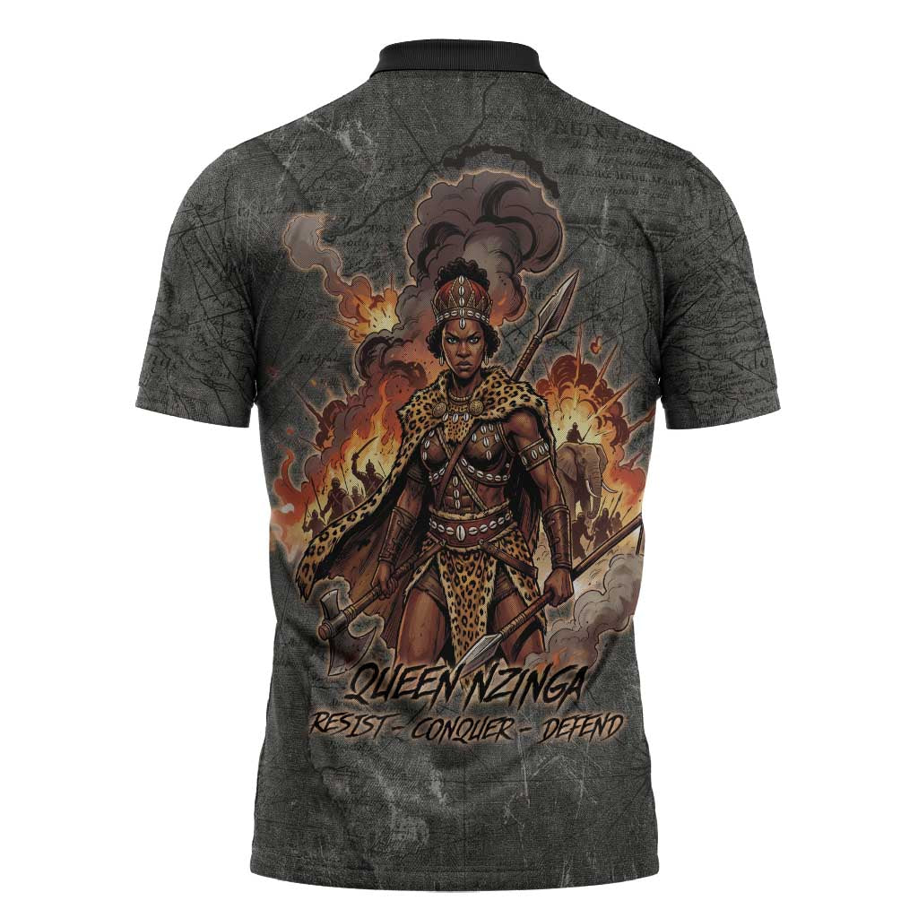 Queen Nzinga Zipper Polo Shirt Fierce African Warrior Queen - Dark Tribal Fire Art - Wonder Print Shop