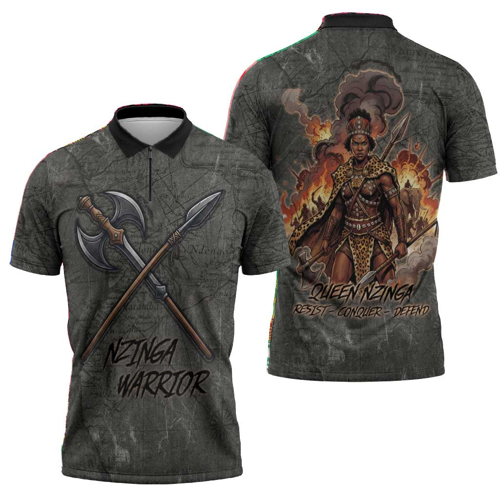 Queen Nzinga Zipper Polo Shirt Fierce African Warrior Queen - Dark Tribal Fire Art - Wonder Print Shop