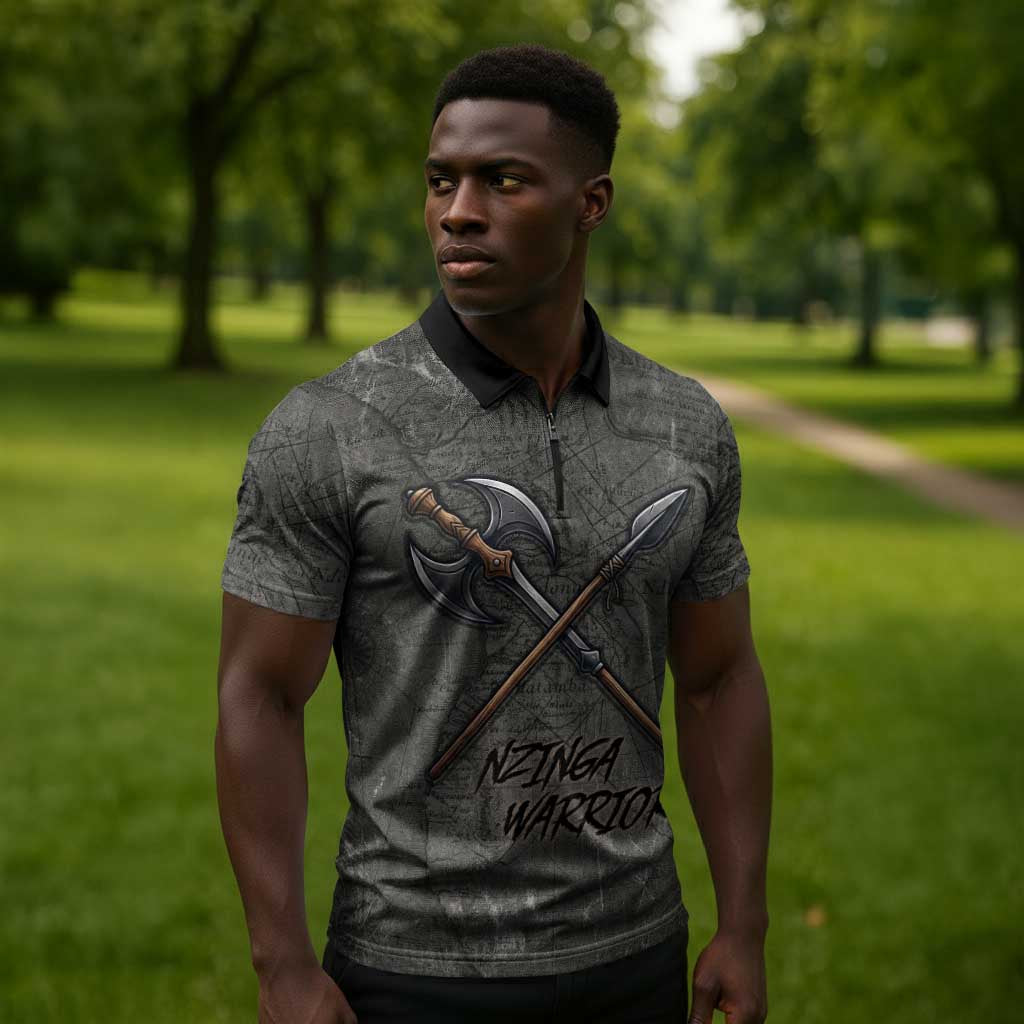 Queen Nzinga Zipper Polo Shirt Fierce African Warrior Queen - Dark Tribal Fire Art - Wonder Print Shop