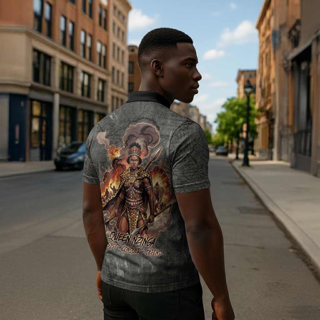 Queen Nzinga Zipper Polo Shirt Fierce African Warrior Queen - Dark Tribal Fire Art - Wonder Print Shop
