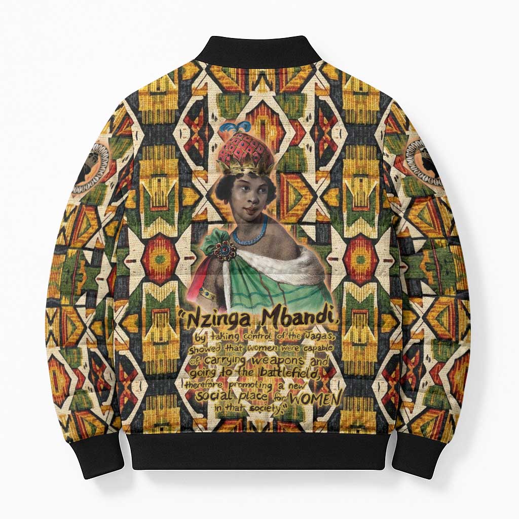Queen Nzinga Bomber Puffer Jacket Mbandi Traditional Regal Portrait Empowerment Quote African Female Leadership - Wonder Print Shop