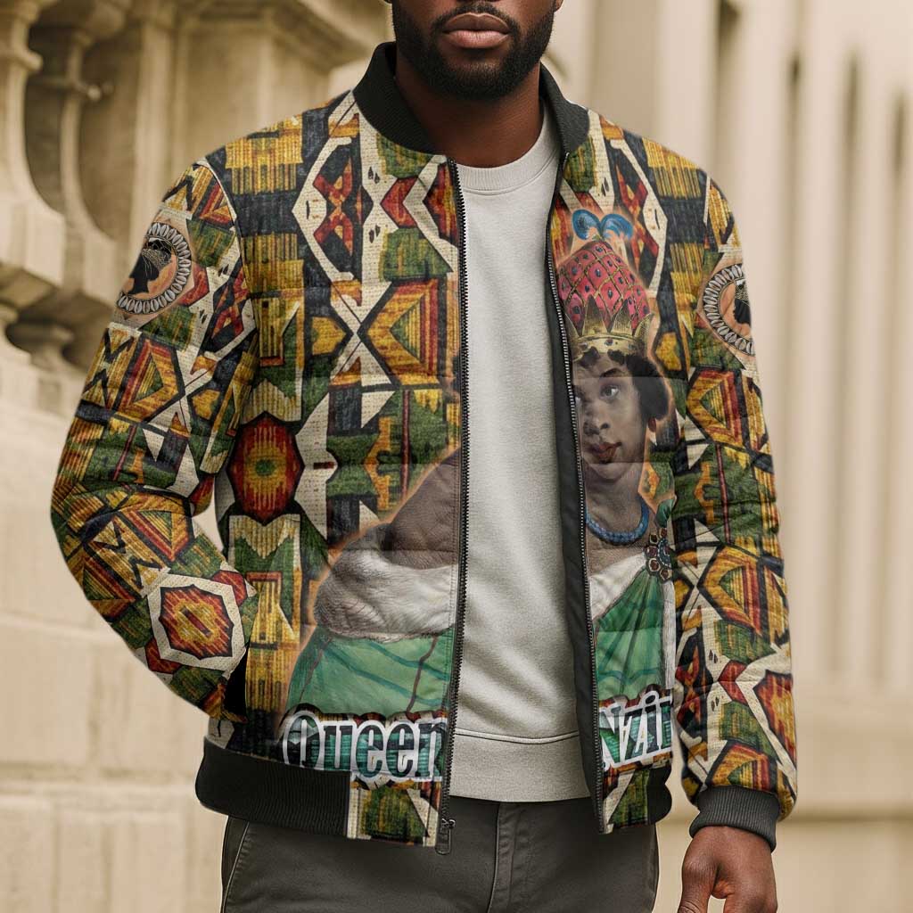 Queen Nzinga Bomber Puffer Jacket Mbandi Traditional Regal Portrait Empowerment Quote African Female Leadership - Wonder Print Shop