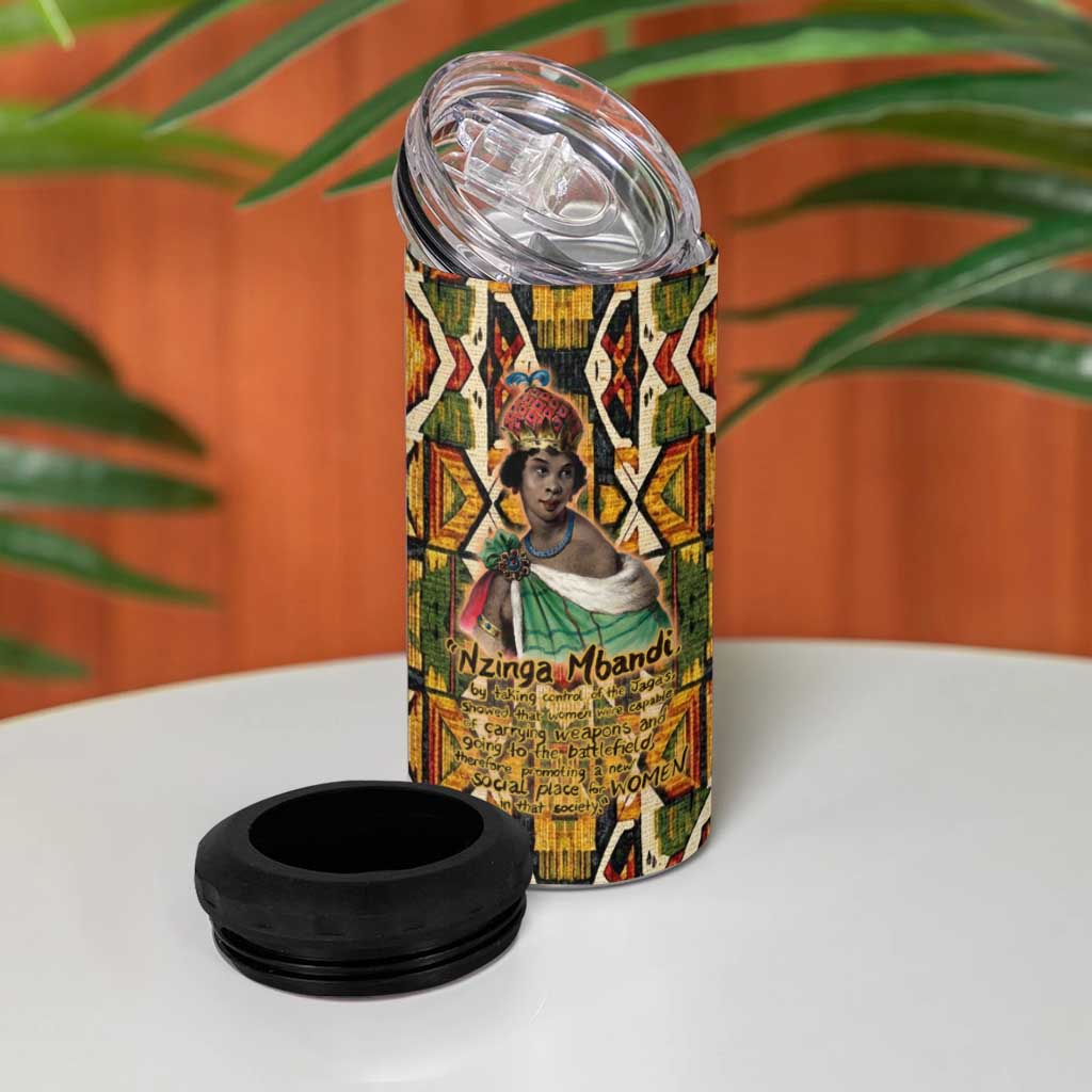 Queen Nzinga 4 in 1 Can Cooler Tumbler Mbandi Traditional Regal Portrait Empowerment Quote African Female Leadership - Wonder Print Shop