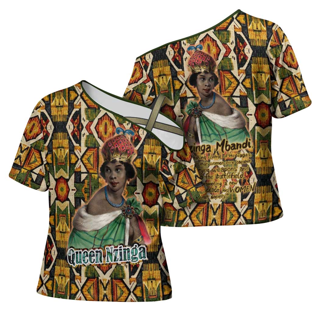Queen Nzinga Cross Shoulder Shirt Mbandi Traditional Regal Portrait Empowerment Quote African Female Leadership - Wonder Print Shop