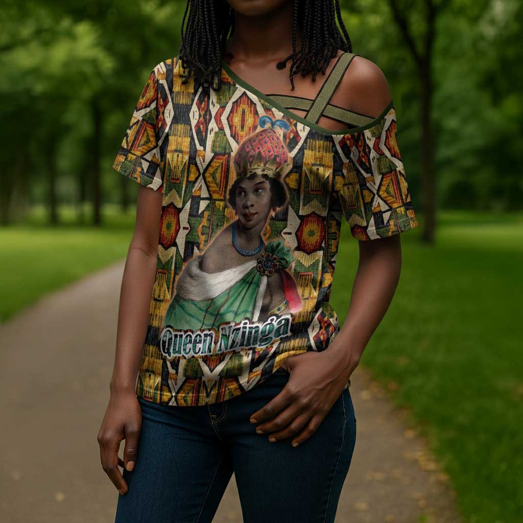 Queen Nzinga Cross Shoulder Shirt Mbandi Traditional Regal Portrait Empowerment Quote African Female Leadership - Wonder Print Shop