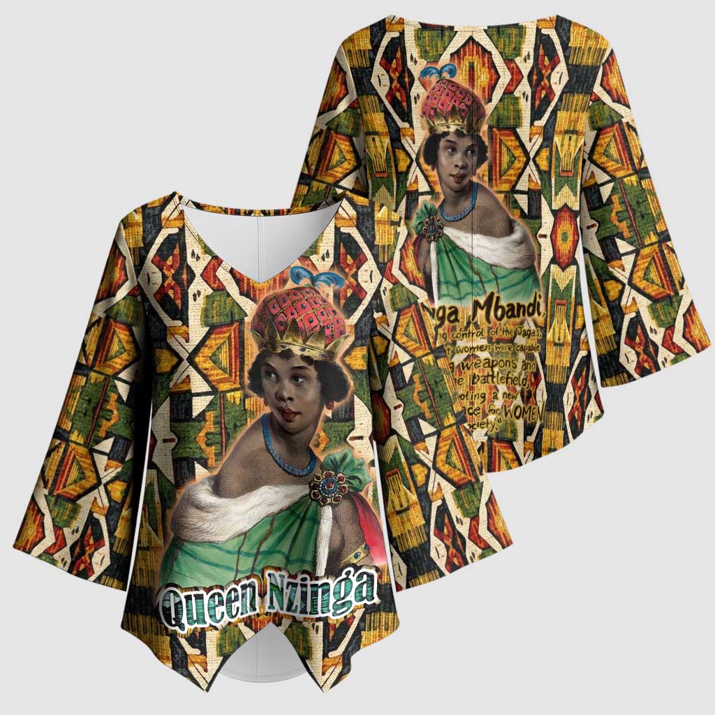 Queen Nzinga Kimono Sleeve Blouse Mbandi Traditional Regal Portrait Empowerment Quote African Female Leadership - Wonder Print Shop