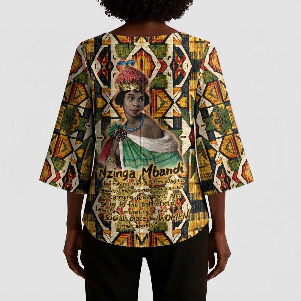 Queen Nzinga Kimono Sleeve Blouse Mbandi Traditional Regal Portrait Empowerment Quote African Female Leadership - Wonder Print Shop