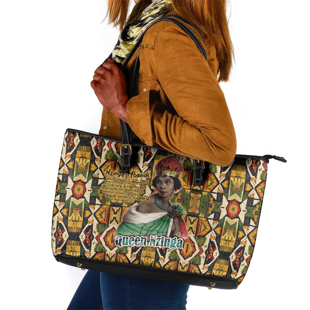 Queen Nzinga Leather Tote Bag Mbandi Traditional Regal Portrait Empowerment Quote African Female Leadership - Wonder Print Shop