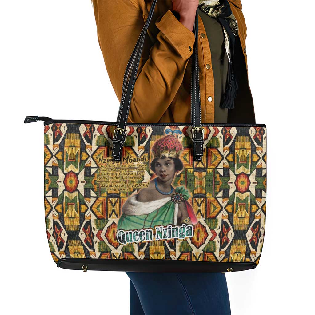 Queen Nzinga Leather Tote Bag Mbandi Traditional Regal Portrait Empowerment Quote African Female Leadership - Wonder Print Shop