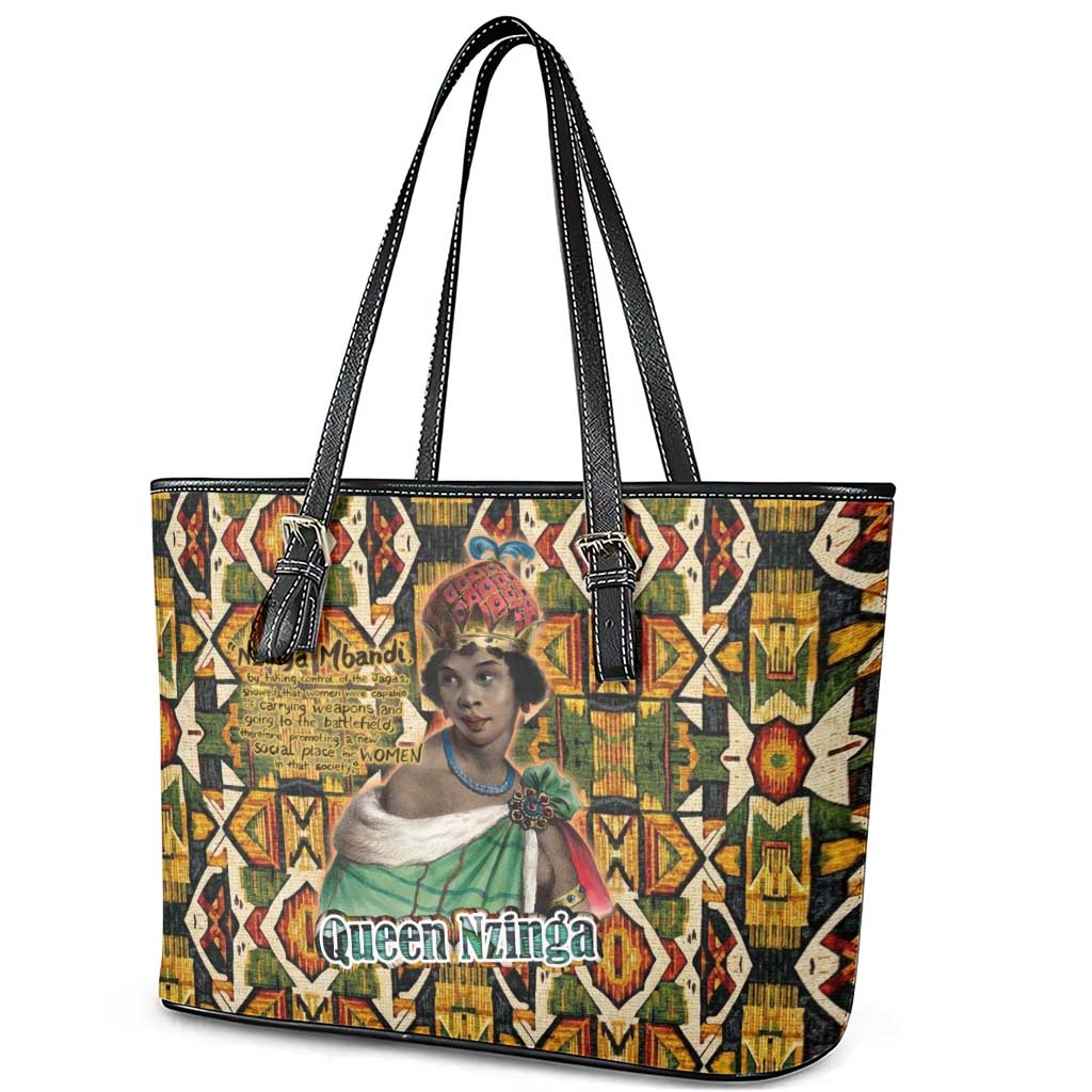 Queen Nzinga Leather Tote Bag Mbandi Traditional Regal Portrait Empowerment Quote African Female Leadership - Wonder Print Shop