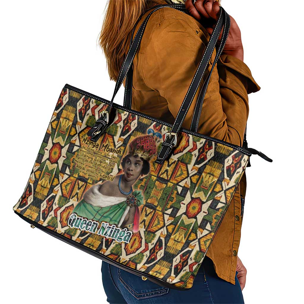 Queen Nzinga Leather Tote Bag Mbandi Traditional Regal Portrait Empowerment Quote African Female Leadership - Wonder Print Shop